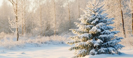 Fototapete - Snow covered Christmas tree. with copy space image. Place for adding text or design
