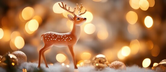 Aufkleber - Decorative figurines for Christmas Christmas deer Ornaments for the tree Festive decorations with warm bokeh lights. with copy space image. Place for adding text or design