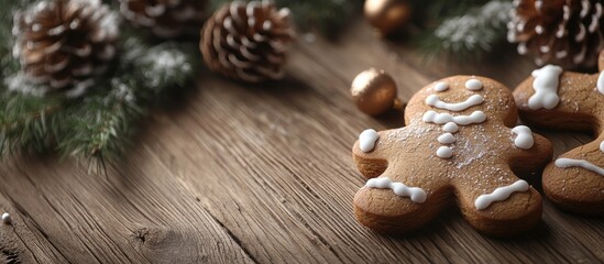 Aufkleber - Christmas homemade gingerbread cookie and handcrafted decoration on a wooden background. with copy space image. Place for adding text or design
