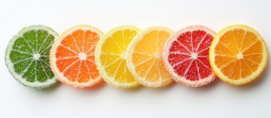 Fototapete - Multicolored citrus marmalade slices coated in sugar on a white background. with copy space image. Place for adding text or design