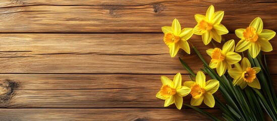 Poster - Yellow daffodils on a wooden surface captured from above with room for text Flat lay top view copy space Concept for Easter and Mother s Day Floral backdrop