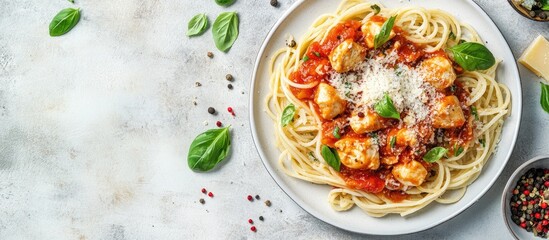 Fototapete - Italian spaghetti pasta topped with sauce chicken parmesan cheese and basil Food background flat lay. with copy space image. Place for adding text or design