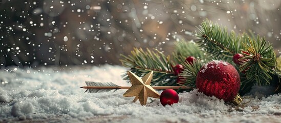 Poster - Christmas still life featuring an arrow and fir tree star and balls resting on snow. with copy space image. Place for adding text or design