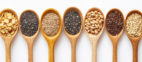 Poster - A collection of natural cereal ingredients including chia quinoa flaxseed millet and sesame displayed in a wooden spoon against a white background with copyspace suitable for healthy food or agricu