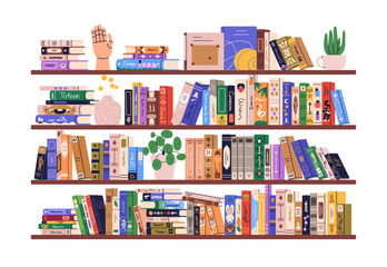 book shelves. home library collection on bookshelf. bookcase, fiction and education literature, nove