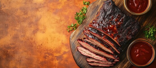 Fototapete - Smoked barbecue beef brisket with sauce on a wooden board Orange backdrop Top view. with copy space image. Place for adding text or design