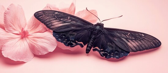 Poster - Black Moth Odezia atrata resting on a pink flower. with copy space image. Place for adding text or design