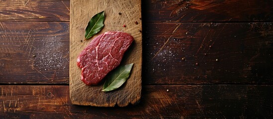Poster - A piece of fresh raw marble beef on a cutting board set against a wooden background Top view Background includes bay leaf beef black board chop cooking copy copy space cut cutting board dark dinner 