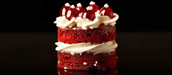 Poster - A small red velvet cake topped with cream and cream cheese Red cake white milk perfect for Valentine s Day. with copy space image. Place for adding text or design