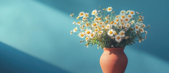 Aufkleber - Bouquet of wildflowers in a brown clay vase against a blue background A floral still life photo capturing spring or summer Shallow depth of field copyspace