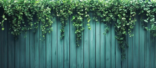Poster - Green fence adorned with hanging plants Green wood texture Abstract background empty template Copy space