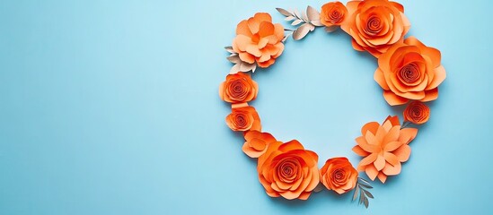 Leinwandbilder - Round frame adorned with orange paper flowers against a blue background Flat lay copyspace floral art