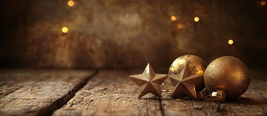 Leinwandbilder - Christmas decoration featuring a wooden background with copyspace Golden balls stars and earthy tones
