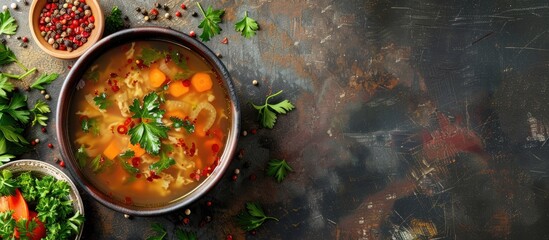Fototapete - Soup or broth with liver and vegetables tasty first course menu idea Food backdrop Copy space Top view
