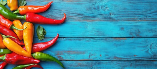 Leinwandbilder - Colorful background of peppers on a blue wooden table. with copy space image. Place for adding text or design