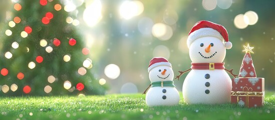 Poster - Snowman on green lawn with a Christmas tree Santa Claus and the snowman set against a Christmas tree background. with copy space image. Place for adding text or design