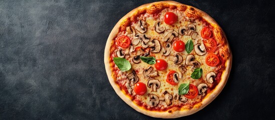 Fototapete - Delicious hot Italian pizza topped with mushrooms tomatoes and cheese Menu for a pizzeria Conceptual poster for restaurants or pizzerias Top view. with copy space image