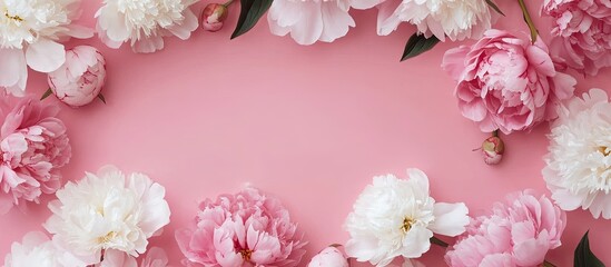 Aufkleber - Pink and white peonies set against a pink background Pink peonies Retro backdrop featuring flowers with space for text below Top view. with copy space image. Place for adding text or design