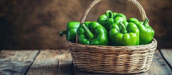 Fototapete - Green peppers in a wicker basket on a wooden surface vintage style. with copy space image. Place for adding text or design