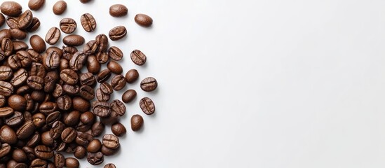 Poster - Coffee beans on a white background Aerial view of coffee beans Copyspace for text