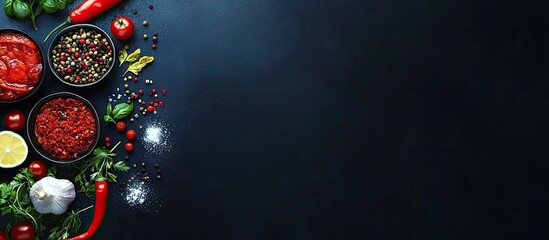 Leinwandbilder - Black background with cooking ingredients from a top view. with copy space image. Place for adding text or design
