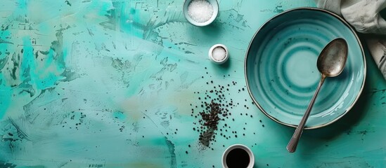 Fototapete - Dinner table with no food A blue ceramic plate and a silver spoon are placed on a turquoise table accompanied by a bowl of salt and pepper Top view. with copy space image