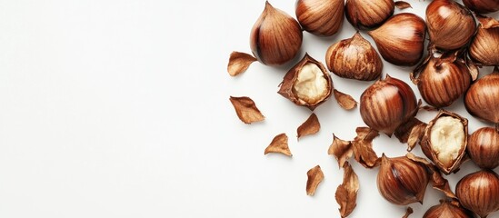 Aufkleber - Cracked shell chestnuts in autumn set against a white background with room for text. with copy space image. Place for adding text or design