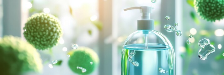 Aufkleber - Droplets of sanitizer actively eliminating bacteria in a bright environment filled with greenery. Generative AI