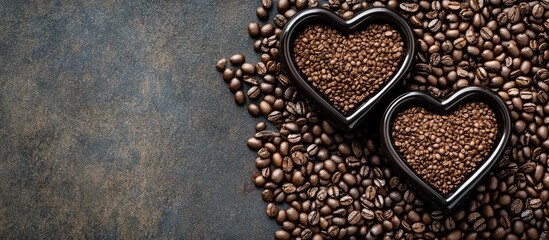 Aufkleber - Two heart shapes filled with coffee cups on a surface covered in coffee beans. with copy space image. Place for adding text or design