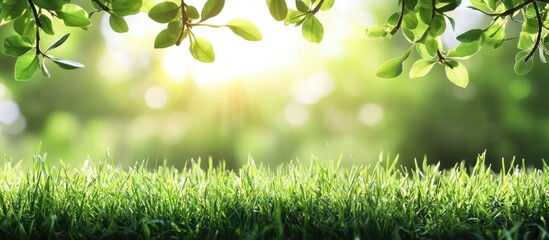 Aufkleber - Springtime and growth concept Close up and side view of green grass on a sunny day Sunlight filtering through leaves Economic growth Daylight Natural backdrop with ample copyspace
