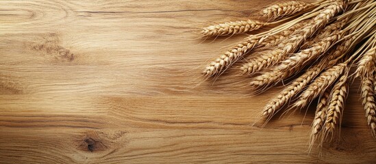 Poster - Wheat ears on a wooden surface Top view. with copy space image. Place for adding text or design