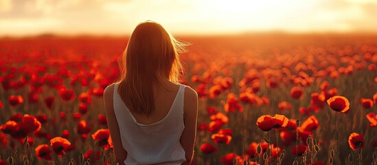 Leinwandbilder - A woman experiencing a poppy field. with copy space image. Place for adding text or design