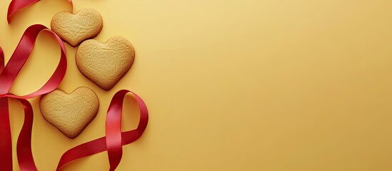 Aufkleber - Heart shaped cookies on red ribbons against a yellow background Copy space