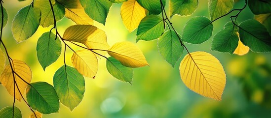 Aufkleber - Green and yellow leaves in the forest. with copy space image. Place for adding text or design