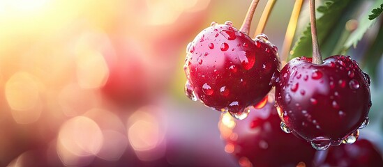 Aufkleber - Macro red cherries with water or dew drops on ripe juicy fruits Sweet summer produce Shallow depth of field Art photography featuring a blurred nature background. with copy space image