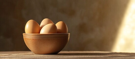 Fototapete - BROWN ORGANIC EGGS IN A CERAMIC CONTAINER. with copy space image. Place for adding text or design