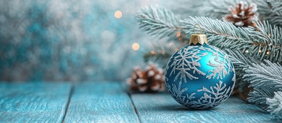 Aufkleber - Symbol of New Year and Christmas celebrations Celebrate Christmas Christmas ball ornament on a blue vintage wooden surface Concept of winter holidays Adorn the Christmas tree with traditional decor