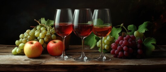 Poster - glasses of wine and apples grapes on a weathered wooden table. with copy space image. Place for adding text or design