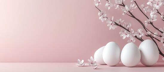 Poster - Eggs and Blossoming Branches Easter Holiday Background Theme. with copy space image. Place for adding text or design