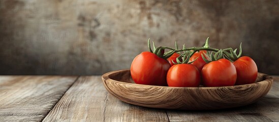 Fototapete - Ripe tomatoes on a wooden plate against a wooden background copy space