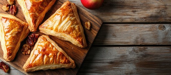 Aufkleber - Triangle shaped puff pastries filled with apples known as Dutch appelflappen placed on an old cutting board Homemade food concept featuring copy space