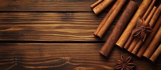 Leinwandbilder - Arrangement of cinnamon on a wooden background. with copy space image. Place for adding text or design