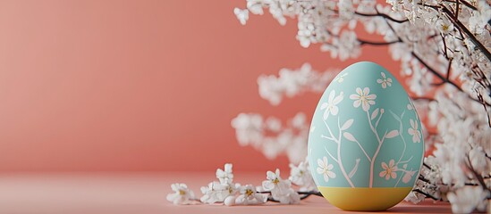 Leinwandbilder - Closeup of a colorful painted Easter egg in a bright modern egg stand surrounded by white flowering tree branches against a pastel pink background A minimalistic home composition featuring copyspac