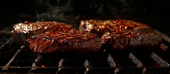 Fototapete - The grilled beef against the dark backdrop. with copy space image. Place for adding text or design