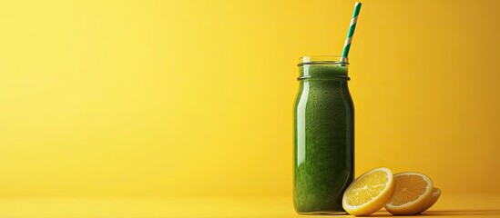 Aufkleber - healthy green smoothie in a glass bottle with a straw on a yellow backdrop Vegetarian healthy lifestyle concept refreshing beverage quick snack copyspace