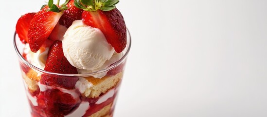 Poster - Strawberry Shortcake Parfait featuring vanilla bean ice cream fresh sliced strawberries and layered pound cake with selective focus isolated on white. with copy space image