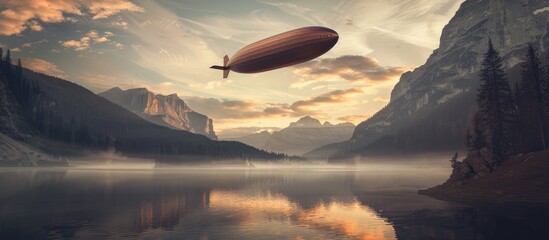 Poster - zeppelin soaring above the lake. with copy space image. Place for adding text or design