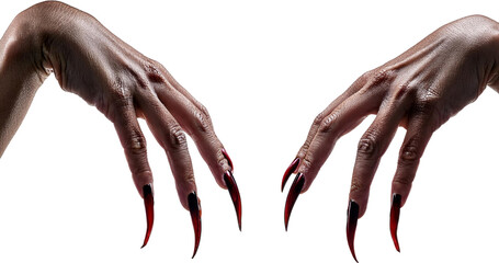 Dramatic close up of two hands with long sharp dark red nails transparent background