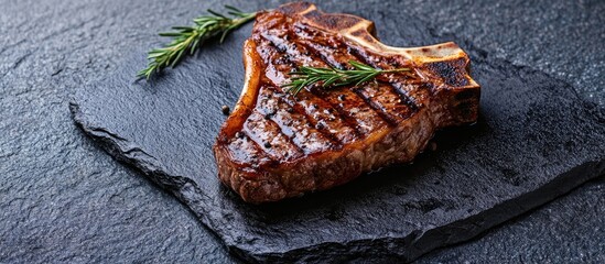 Fototapete - Raw and grilled T bone steak on a stone surface. with copy space image. Place for adding text or design