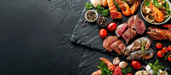 Leinwandbilder - Food meat dishes vegetables and seafood on a black stone background Top view Copyspace available for text